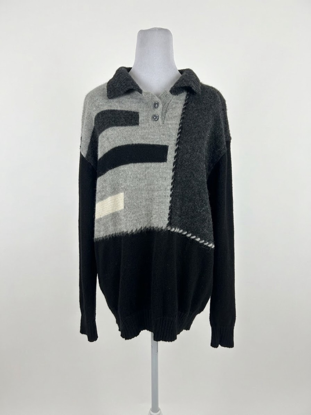 VTG Peruvian Link 100% Alpaca Patchwork Colorblock Polo Sweater Mens
